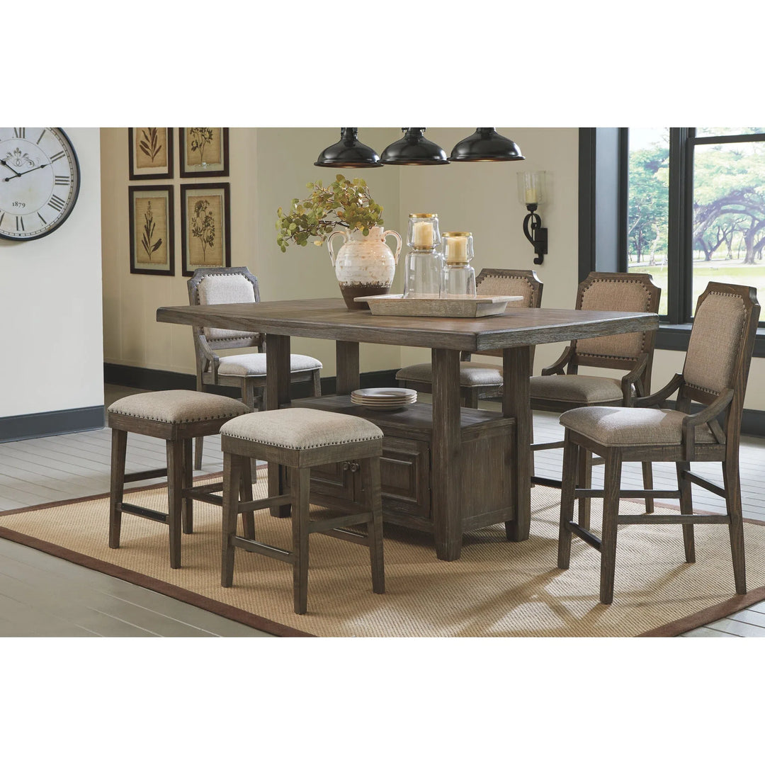 Ashley D813/32/124(4)/024(2) Wyndahl - Rustic Brown - 7 Pc. - RECT Counter Table with Storage, 4 UPH Barstools & 2 UPH Stools