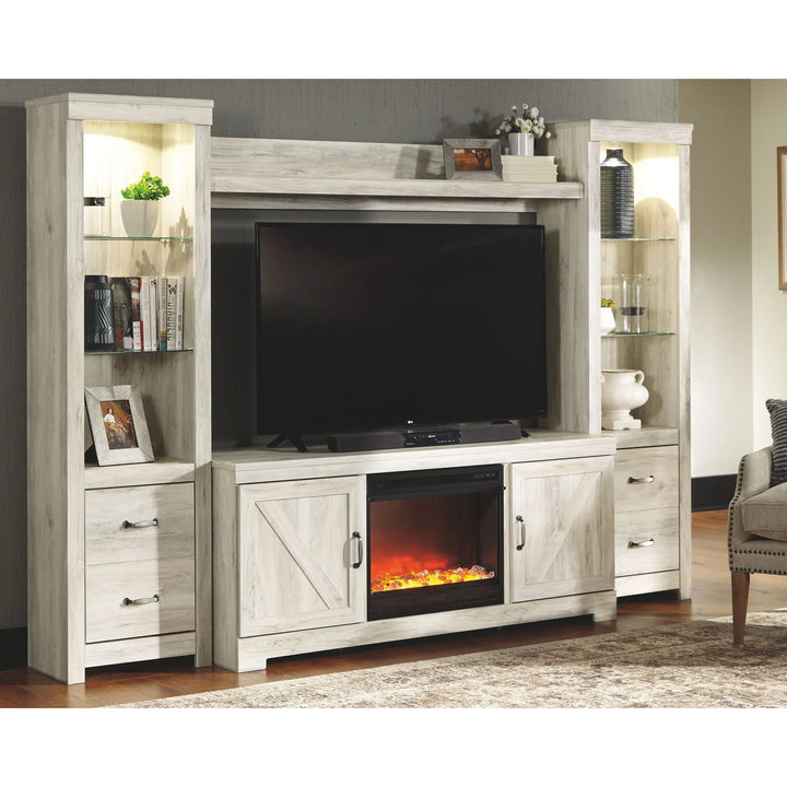 Ashley W331/68/24(2)/27/W100-02 Bellaby - Whitewash - Entertainment Center - LG TV Stand, 2 Piers, Bridge with Fireplace Insert Glass/Stone