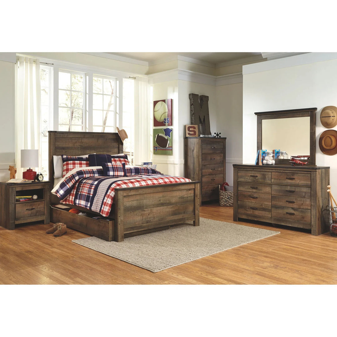 Ashley B446/21/26/46/87/84/86/60/B100-12/91(2) Trinell - Brown - 10 Pc. - Dresser, Mirror, Chest, Full Panel Bed with 1 Large Storage Drawer & 2 Nightstands