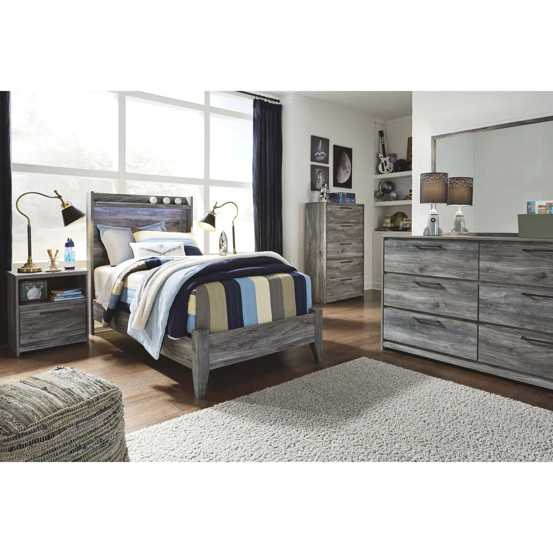 Ashley B221/31/36/46/53/52/91(2) Baystorm - Gray - 7 Pc. - Dresser, Mirror, Chest, Twin Panel Bed & 2 Nightstands