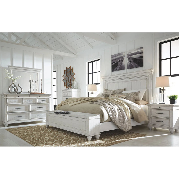 Ashley B777/31/36/46/58/56S/97 Kanwyn - Whitewash - 6 Pc. - Dresser, Mirror, Chest & King Panel Bed with Storage Bench