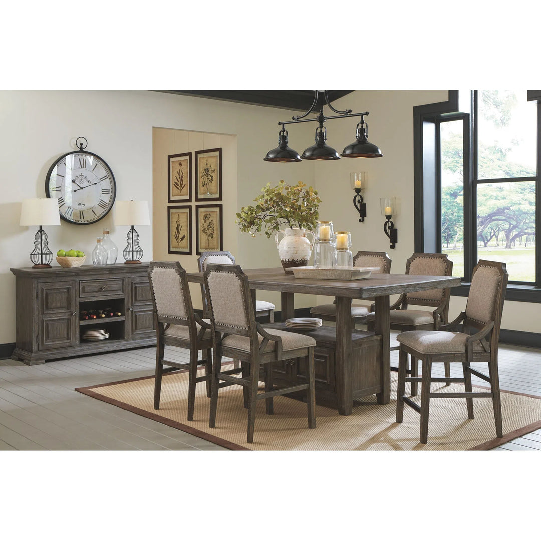 Ashley D813/32/124(6)/60 Wyndahl - Rustic Brown - 8 Pc. - RECT Counter Table with Storage, 6 UPH Barstools & Server