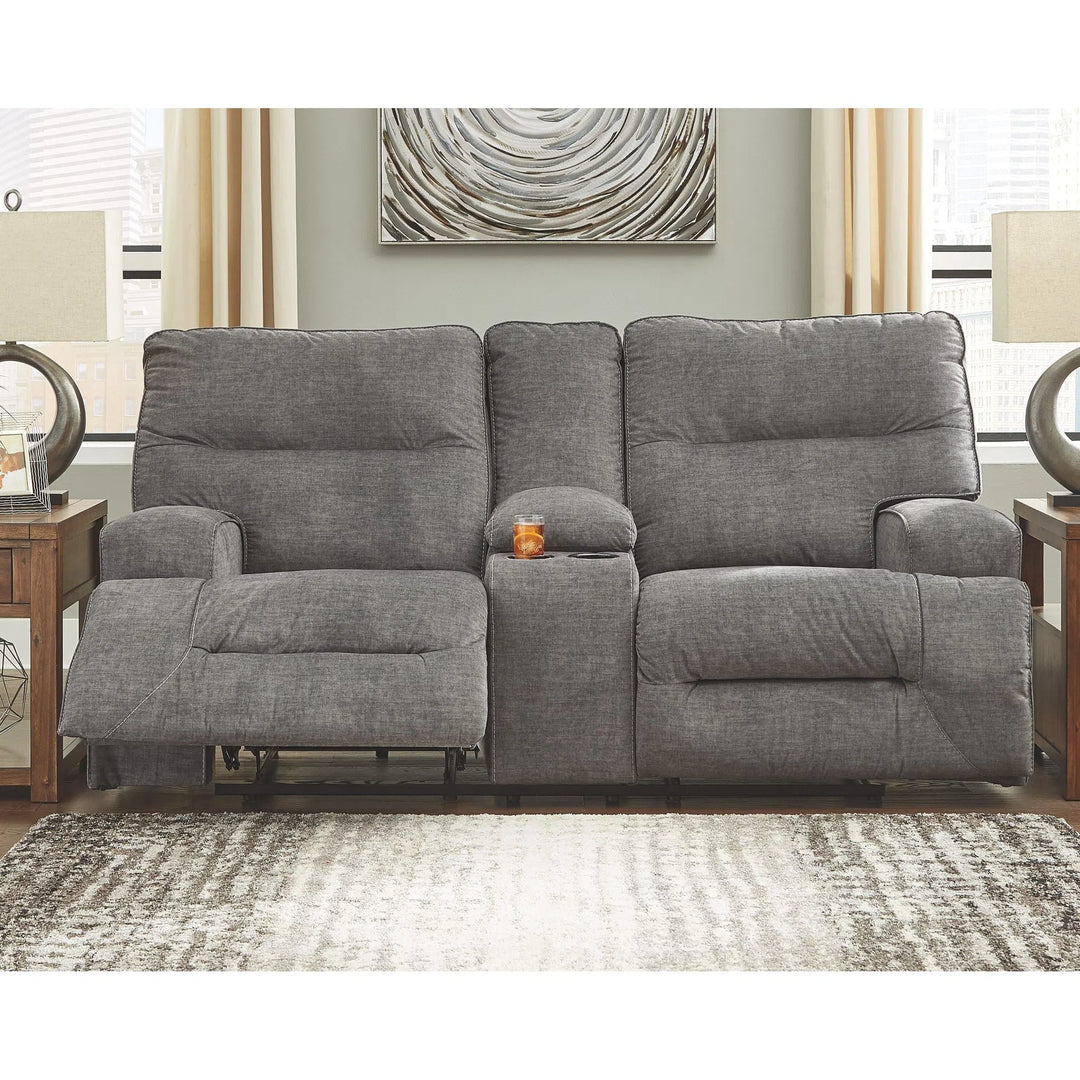 Ashley 45302/81/94 Coombs - Charcoal - 2 Seat REC Sofa & DBL REC Loveseat with Console