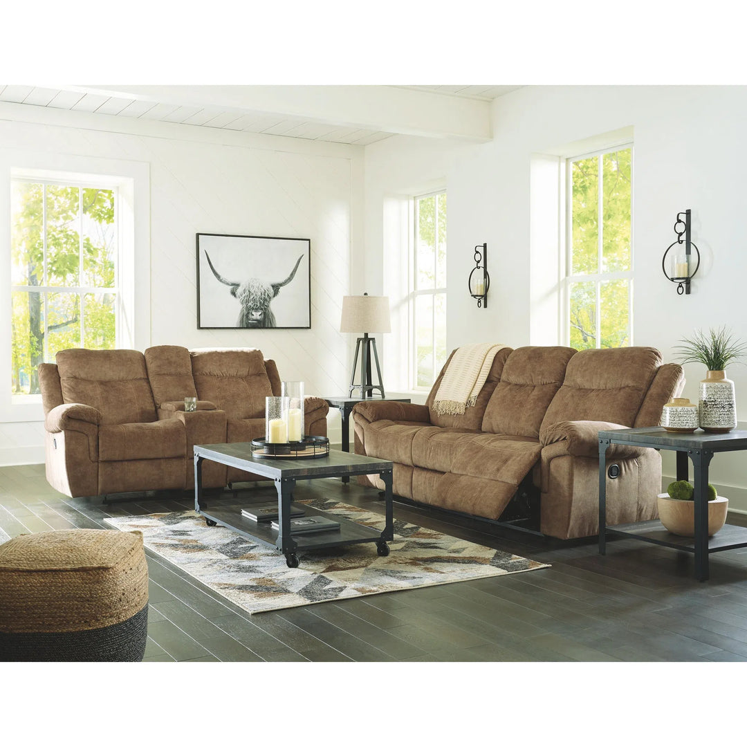 Ashley 82304/89/94/T108-13 Huddle-Up - Nutmeg - REC Sofa with Drop Down Table, DBL REC Loveseat with Console & Jandoree Table Set