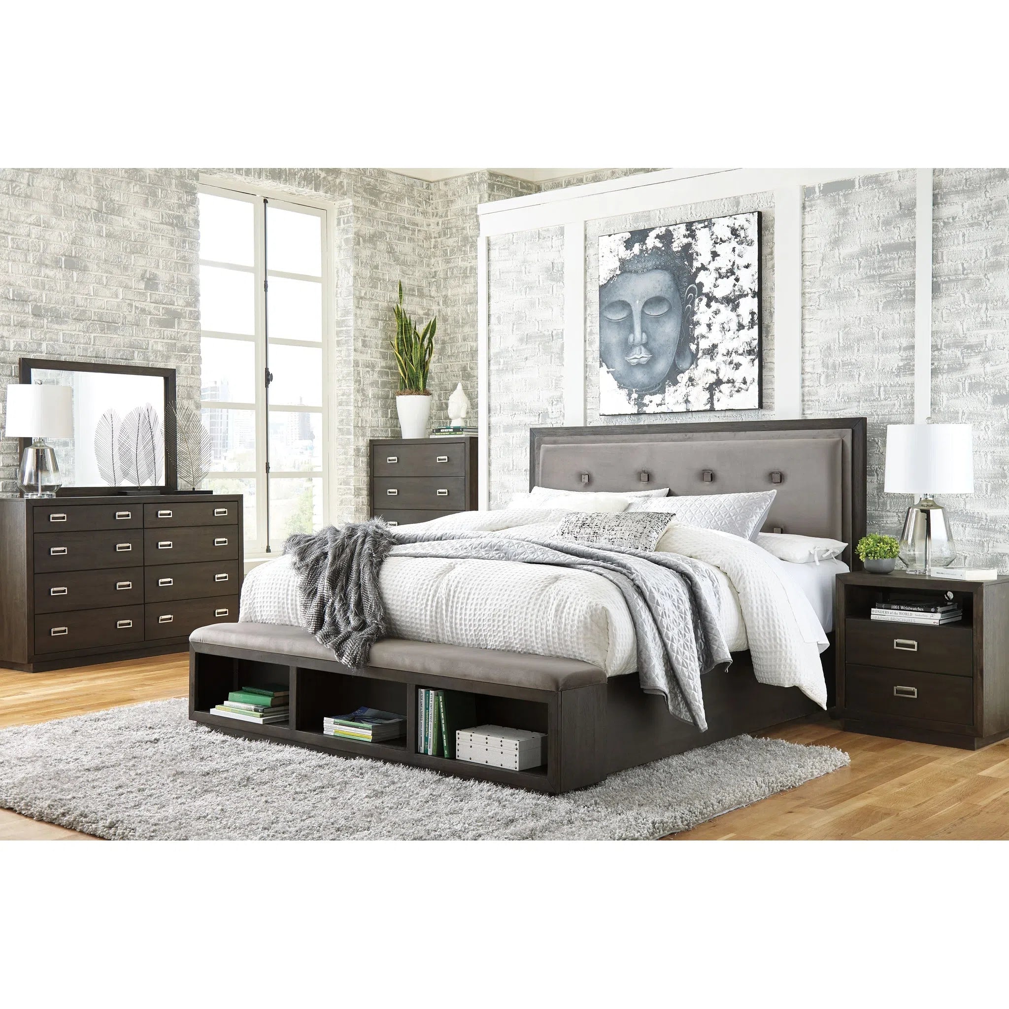 Ashley B731/31/36/46/57/54S Hyndell - Dark Brown - 5 Pc. - Dresser, Mirror, Chest & Queen UPH Panel Bed with Storage