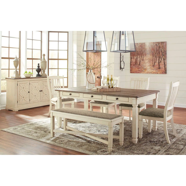 Ashley D647/25/01(4)/00/60 Bolanburg - Antique White - 7 Pc. - RECT DRM Table, 4 UPH Side Chairs, UPH DRM Bench & DRM Server