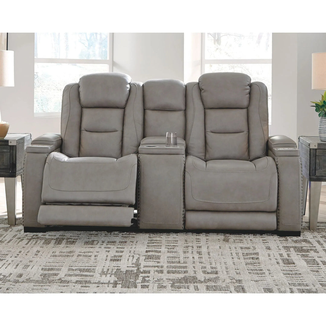 Ashley U85305/15/18/T901-9/3(2) The Man-Den - Gray - PWR REC Sofa with ADJ HDRST, PWR REC Loveseat/CON/ADJ HDRST, Todoe Lift Top Cocktail Table & 2 End Tables