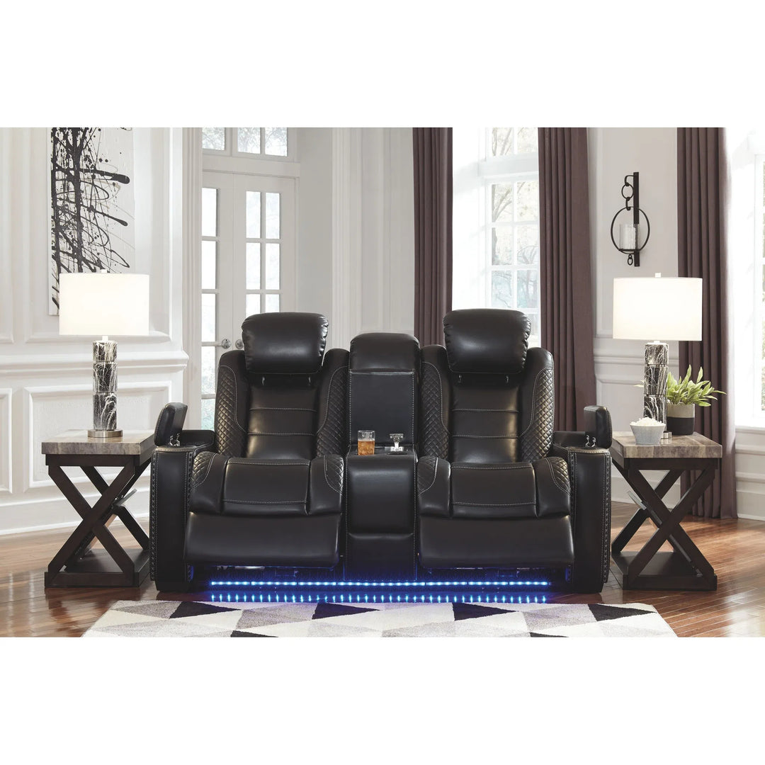 Ashley 37003/15/18/13/T568-13 Party Time - Midnight - PWR REC Sofa with ADJ HDRST, PWR REC Loveseat/CON/ADJ HDRST, PWR Recliner/ADJ HDRST & Radilyn Table Set