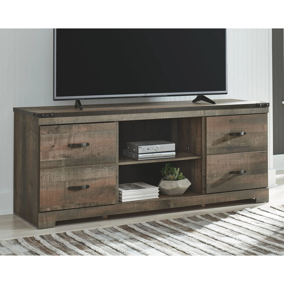 Ashley EW0446/168/124(2)/127/W100-101 Trinell - Brown - Entertainment Center - LG TV Stand, 2 Piers, Bridge with Fireplace Insert Infrared