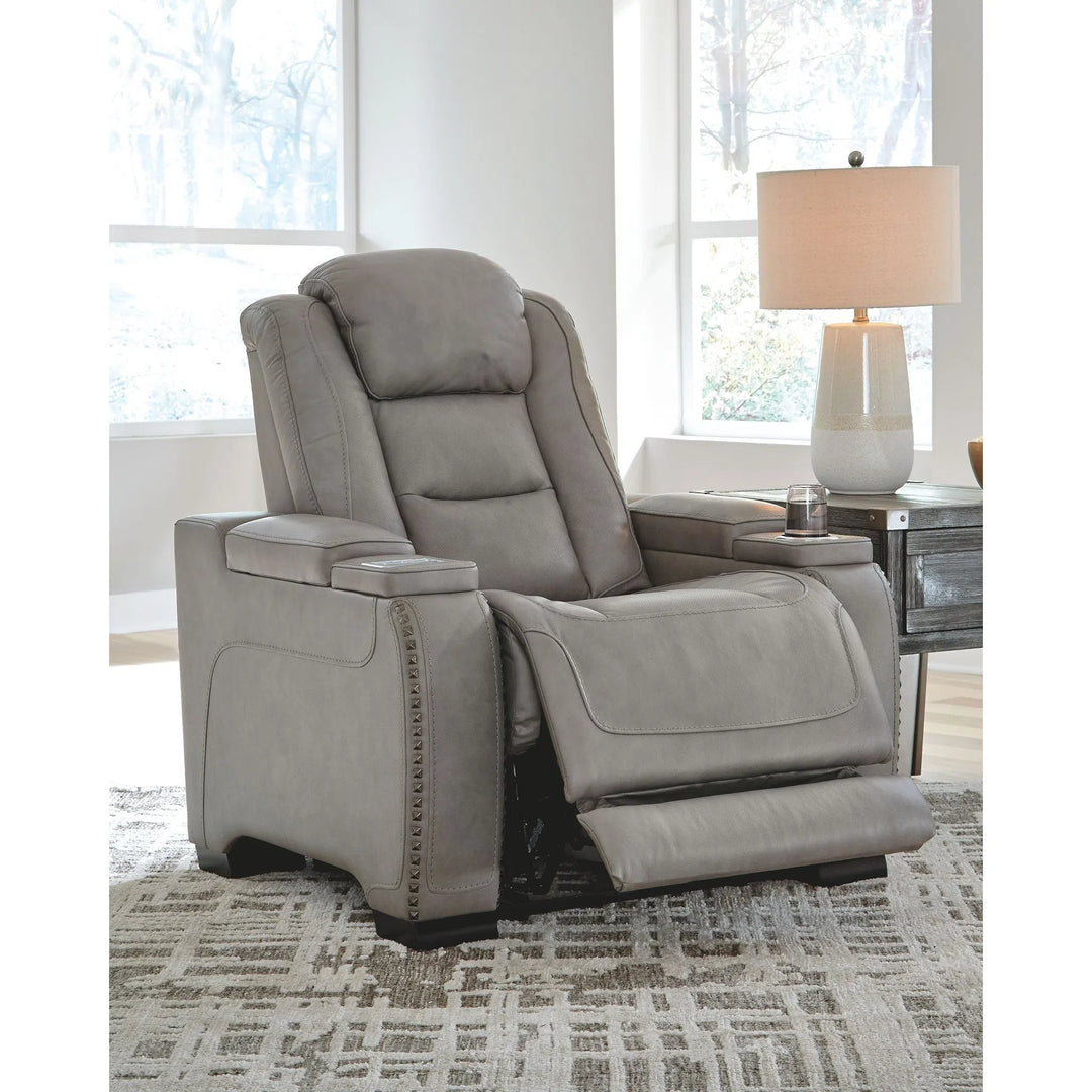 Ashley U85305/15/18/13/T901-9/3(2) The Man-Den - Gray - PWR REC Sofa with ADJ HDRST, PWR REC Loveseat/CON/ADJ HDRST, PWR Recliner/ADJ HDRST, Todoe Lift Top Cocktail Table & 2 End Tables