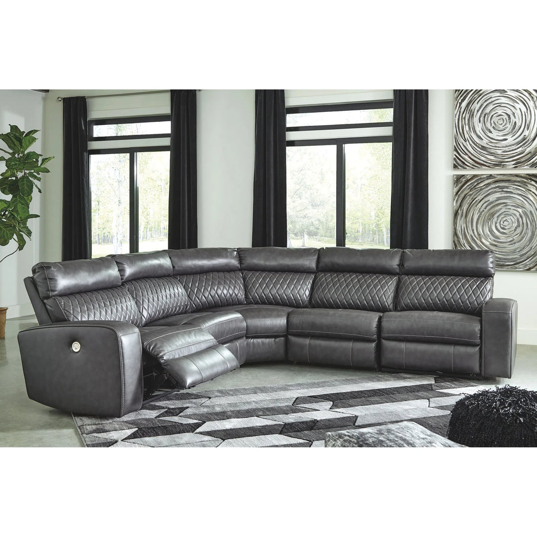 Ashley 55203/58/19/77/46/62/T758-9/3/7 Samperstone - Gray - LAF Zero Wall PWR Recliner, Armless Recliner, Wedge, Armless Chair, RAF Zero Wall PWR Recliner Sectional, Vailbry Cocktail Table, End Table & Chair Side End Table