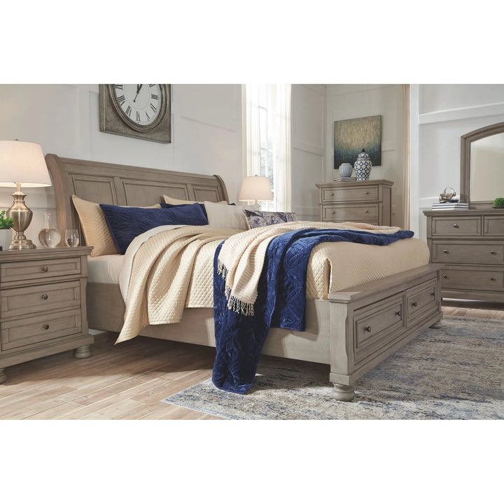 Lettner - Light Gray - 3 Pc. - King Sleigh Bed with 2 Storage Drawers
