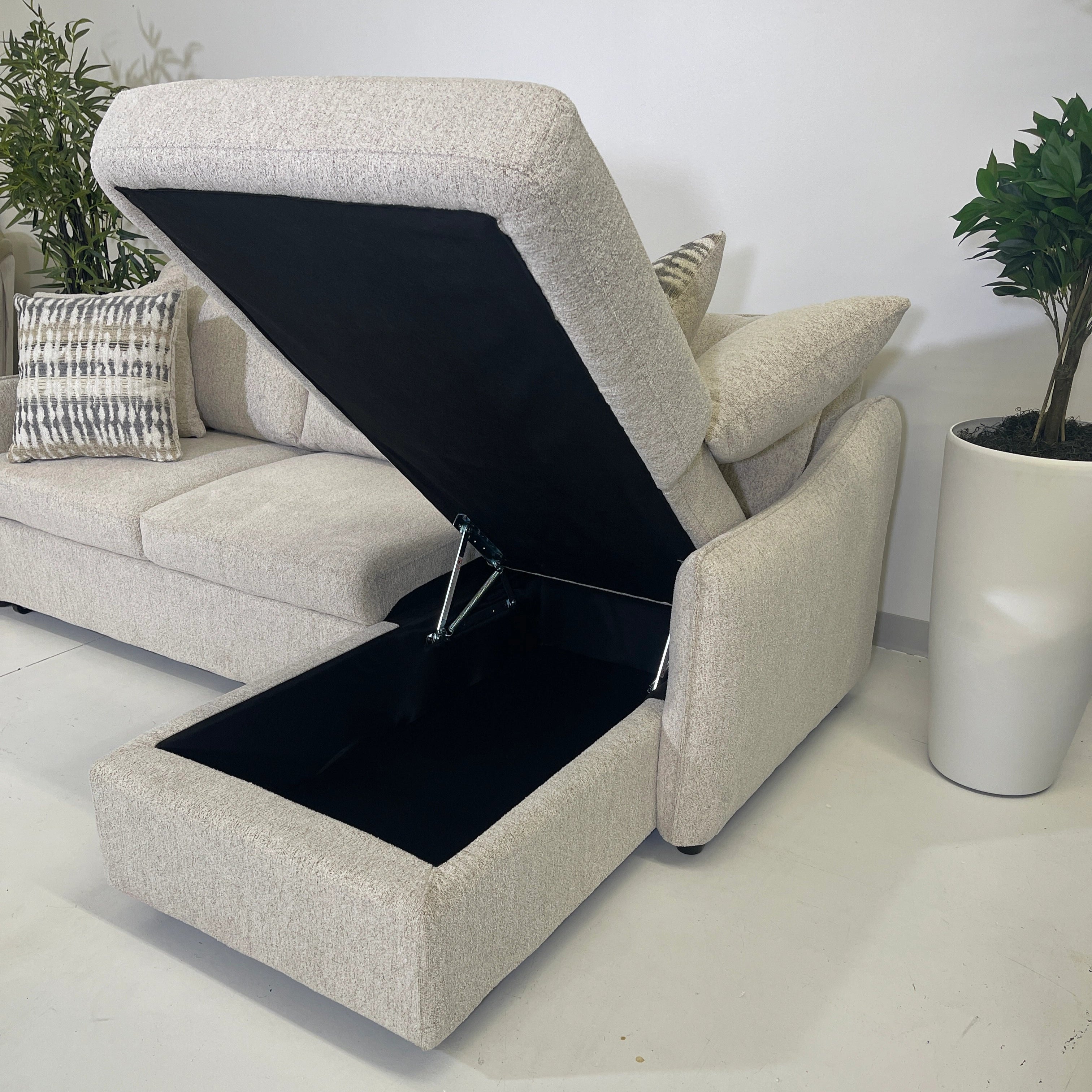 storage chaise open, detail, media sleeper pull out sectional