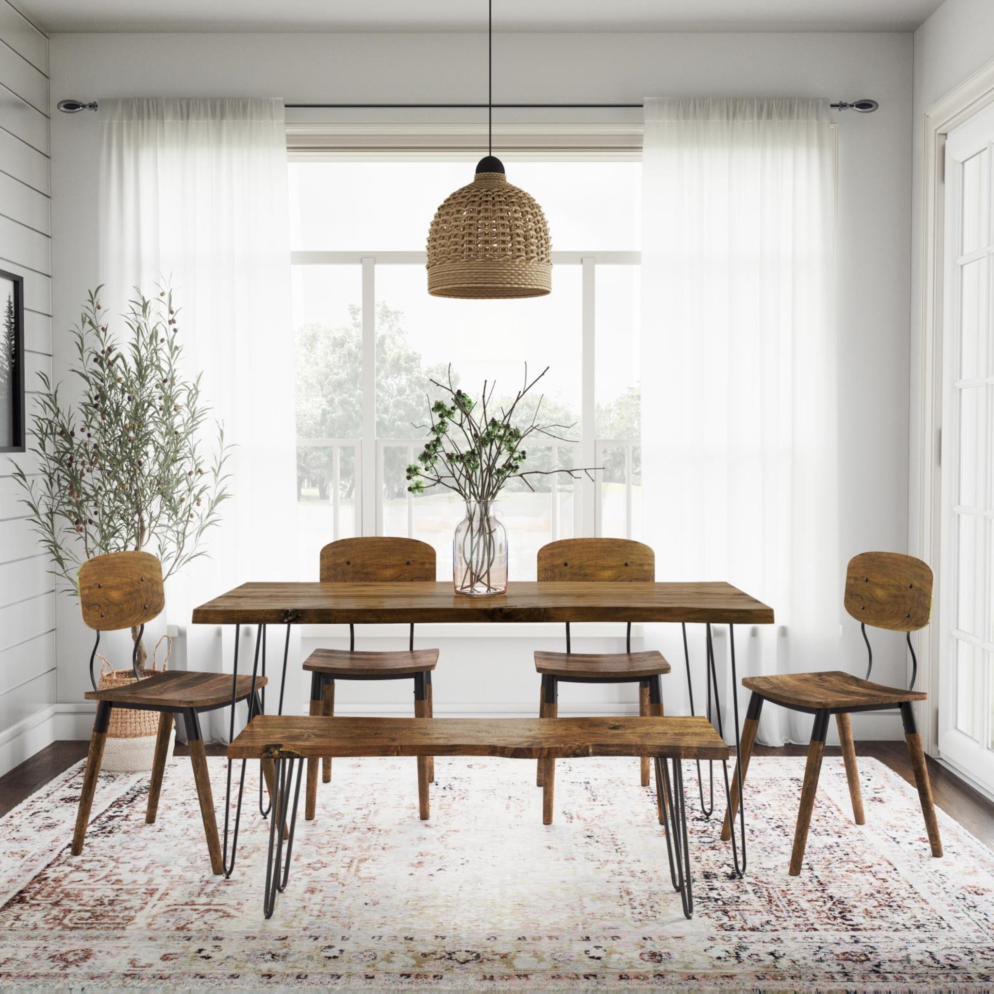 Natures Edge Dining Table with 4 Side Chairs and Bench