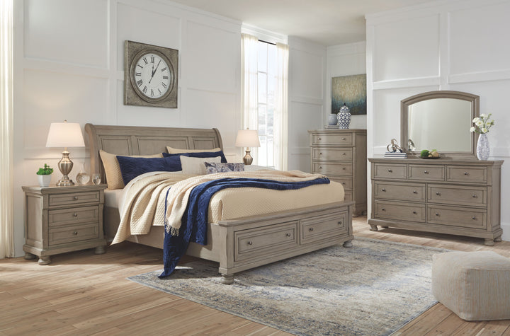 Lettner - Light Gray - 6 Pc. - Dresser, Mirror, Queen Sleigh Bed With 2 Storage Drawers and a Nightstands